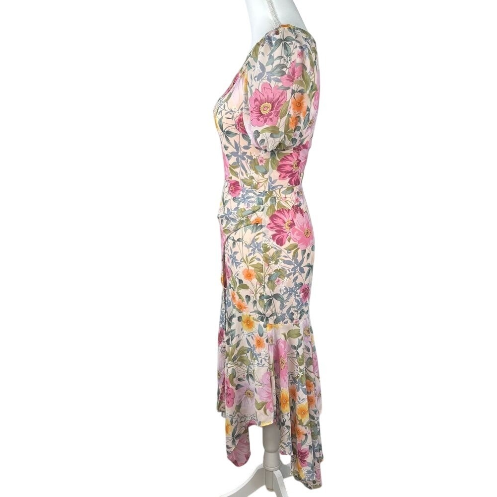 Astr One-Shoulder Floral Asymmetrical Midi Dress in Pink and Yellow - Picture 4 of 11